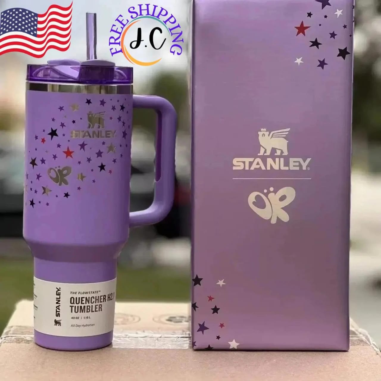 2024 Stanley Purple w/ Stars Tumbler – 40 oz Flowstate H2.0 Travel Cup