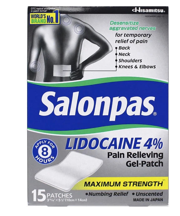 Here’s a structured listing for Salonpas Lido Gel-Patch (15 ct.) Pain Relieving Max Strength: