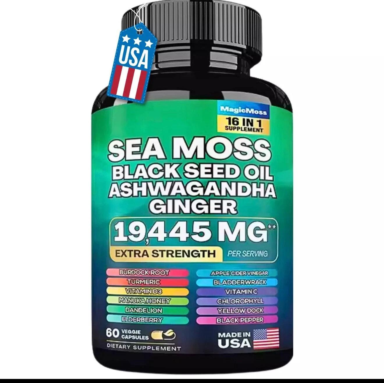 16-in-1 Multivitamin – Sea Moss, Black Seed Oil, Ashwagandha, Turmeric & Ginger, Dietary Supplement