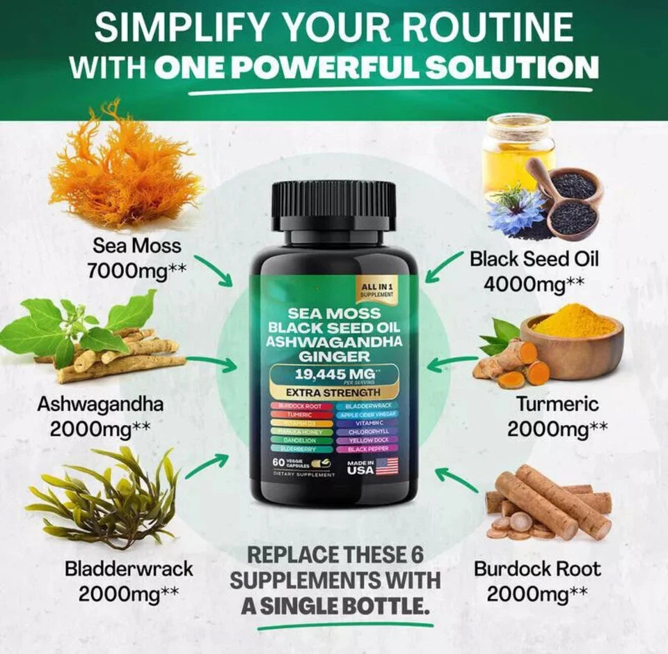 16-in-1 Multivitamin – Sea Moss, Black Seed Oil, Ashwagandha, Turmeric & Ginger, Dietary Supplement