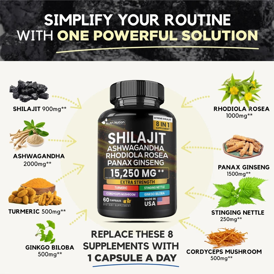 Shilajit Multivitamin – Turmeric, Ashwagandha, Ginger & Cordyceps Mushrooms, 60 Capsules